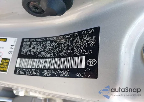 2020 Toyota Corolla Le from USA, damaged, VIN JTDEBRBE0LJ025962